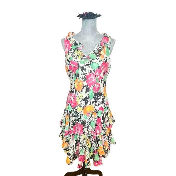 RALPH LAUREN 14P Dress Chiffon Floral Ruffle Midi Y2K Vtg V-Neck Fairy Sundress - Picture 1 of 10